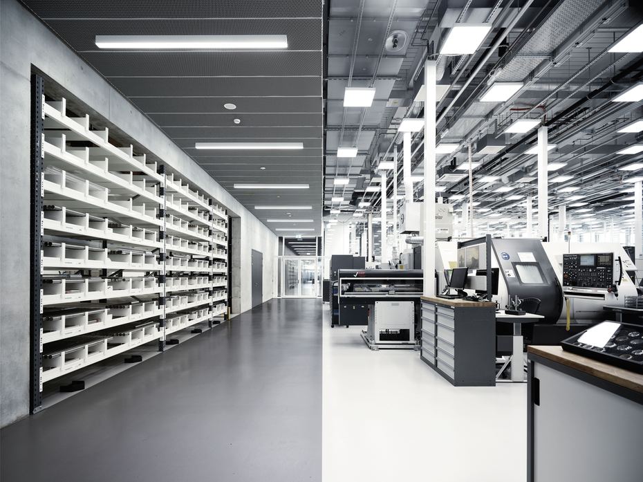 The metal bar storage and case production space in IWC’s Manufakturzentrum