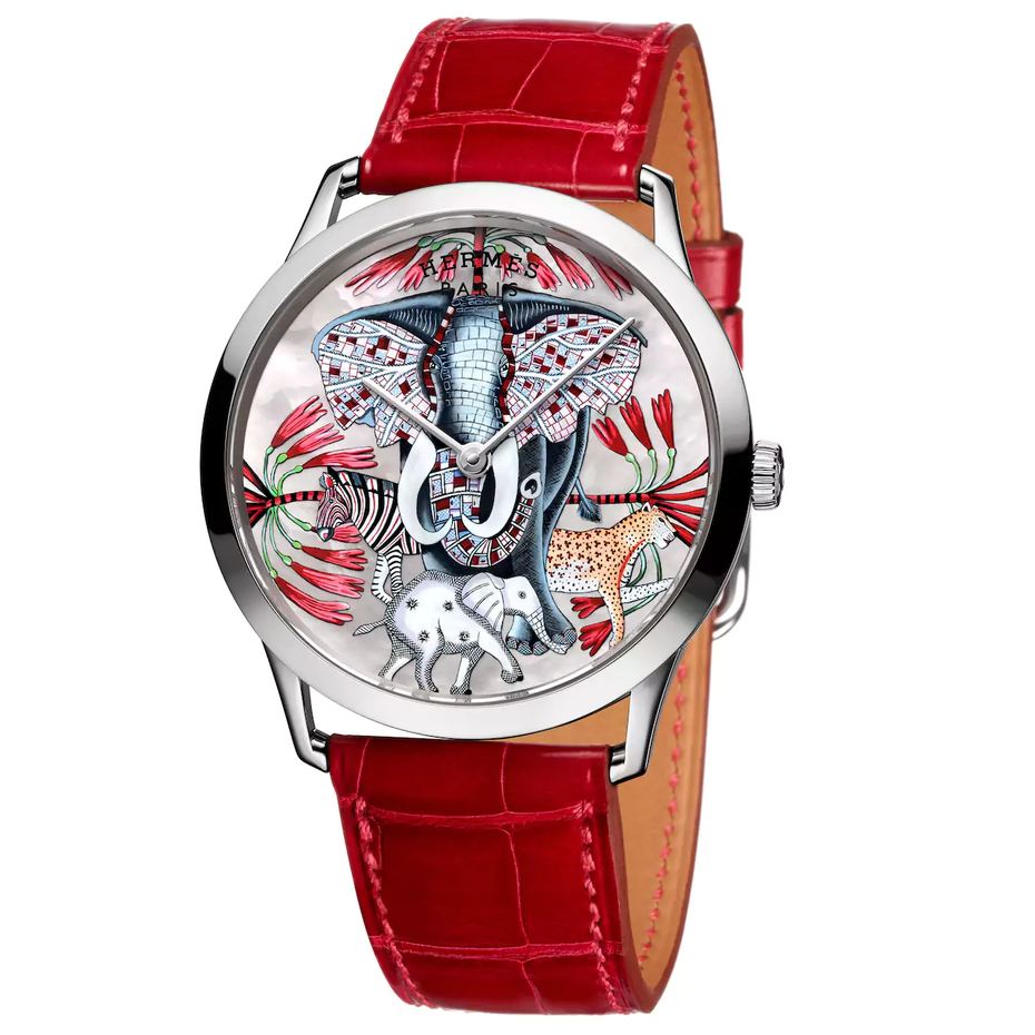Slim d’Hermès ‘Marche du Zambèze’, 12-piece limited edition in white gold with miniature painting on a white mother of pearl dial